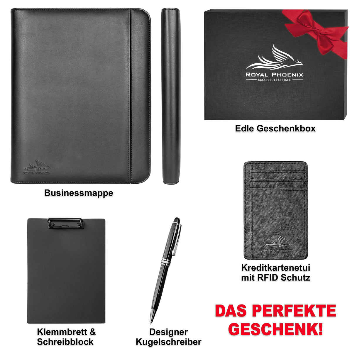 Business Schreibmappe A4 'Raven' - Hochwertige Konferenzmappe mit Doppel Reißverschluss - inkl. Kreditkartenetui + weiteren EXTRAS - Arbeitsmappe aus hochwertigem Kunstleder Schwarz