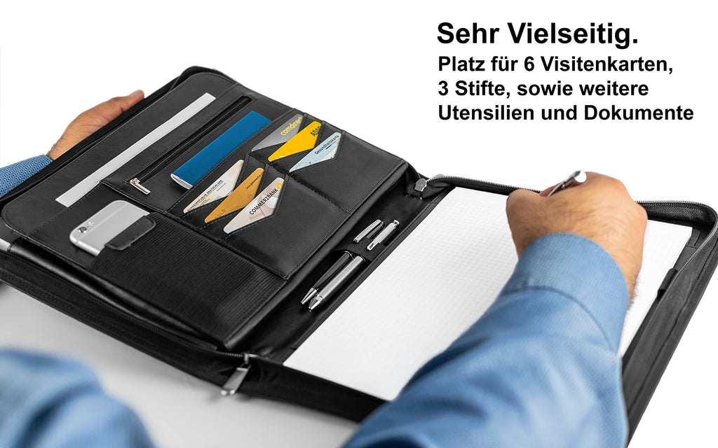 Business Schreibmappe A4 'Raven' - Hochwertige Konferenzmappe mit Doppel Reißverschluss - inkl. Kreditkartenetui + weiteren EXTRAS - Arbeitsmappe aus hochwertigem Kunstleder Schwarz