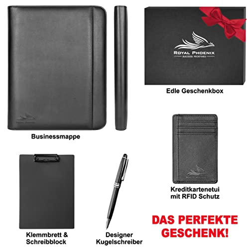 Business Schreibmappe A4 'Raven' - Hochwertige Konferenzmappe mit Doppel Reißverschluss - inkl. Kreditkartenetui + weiteren EXTRAS - Arbeitsmappe aus hochwertigem Kunstleder Schwarz