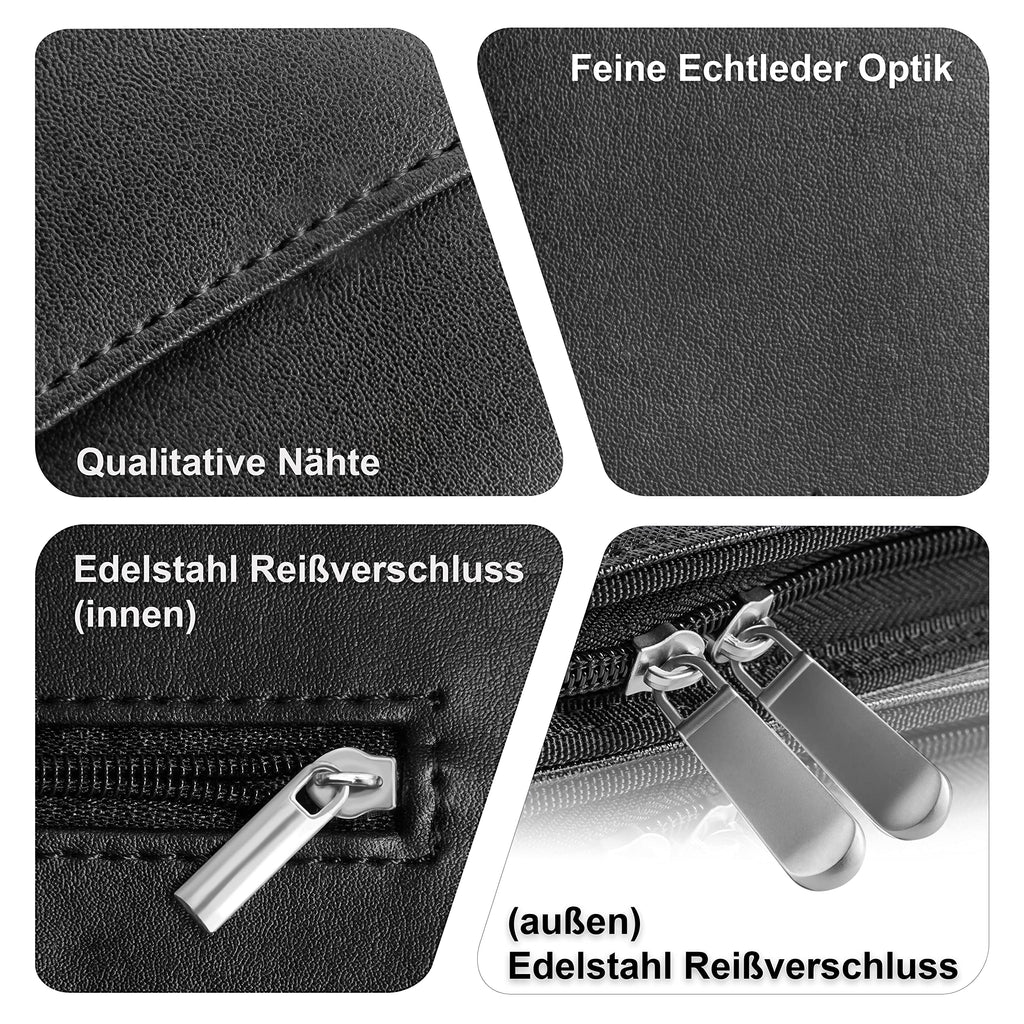 Business Schreibmappe A4 'Raven' - Hochwertige Konferenzmappe mit Doppel Reißverschluss - inkl. Kreditkartenetui + weiteren EXTRAS - Arbeitsmappe aus hochwertigem Kunstleder Schwarz