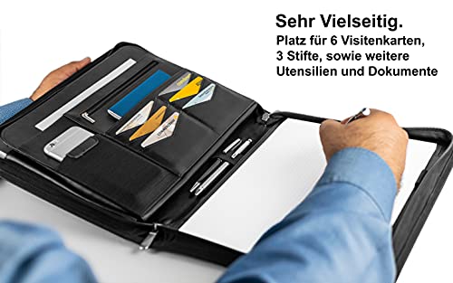 Business Schreibmappe A4 'Raven' - Hochwertige Konferenzmappe mit Doppel Reißverschluss - inkl. Kreditkartenetui + weiteren EXTRAS - Arbeitsmappe aus hochwertigem Kunstleder Schwarz