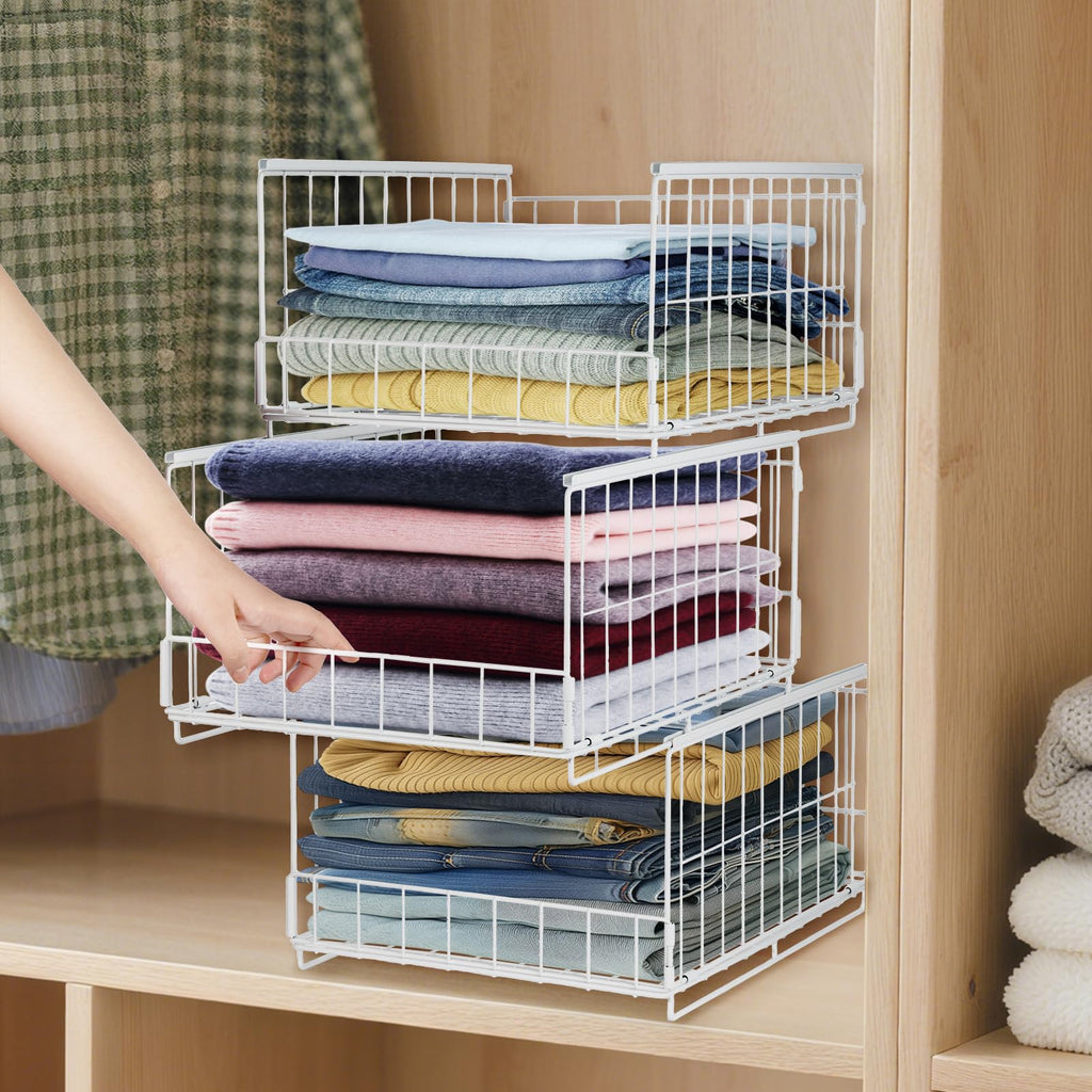 3er Set Schubladenbox Organizer – Stapelbare Aufbewahrungsbox mit Schubladen-Design aus Metall, Schrank Organizer für Kleiderschrank, Regal & Garderobe, Aufbewahrungsbox