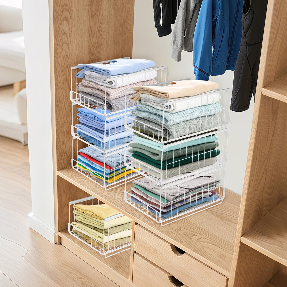 3er Set Schubladenbox Organizer – Stapelbare Aufbewahrungsbox mit Schubladen-Design aus Metall, Schrank Organizer für Kleiderschrank, Regal & Garderobe, Aufbewahrungsbox