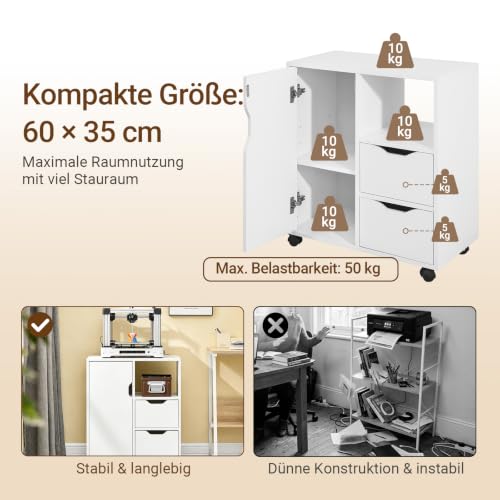 SoBuy Rollcontainer mit 2 Schubladen und 1 Tür Druckertisch mit Rollen Schreibtisch Unterschrank Rollcontainer Büromöbel Weiß 60×70×35 cm FBT105-W