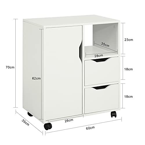 SoBuy Rollcontainer mit 2 Schubladen und 1 Tür Druckertisch mit Rollen Schreibtisch Unterschrank Rollcontainer Büromöbel Weiß 60×70×35 cm FBT105-W