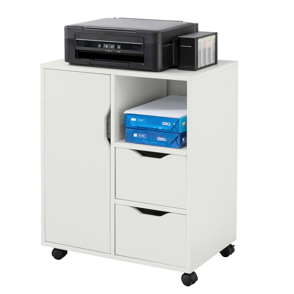 SoBuy Rollcontainer mit 2 Schubladen und 1 Tür Druckertisch mit Rollen Schreibtisch Unterschrank Rollcontainer Büromöbel Weiß 60×70×35 cm FBT105-W