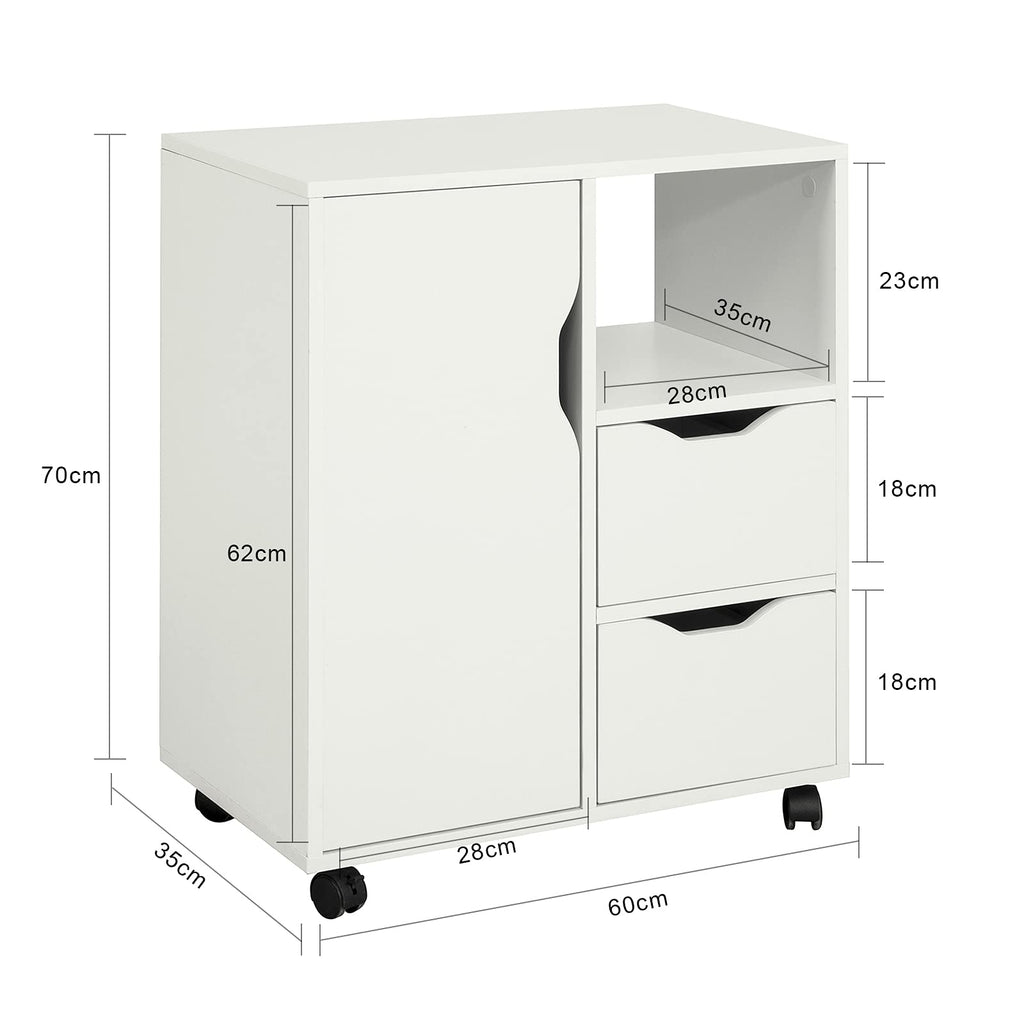 SoBuy Rollcontainer mit 2 Schubladen und 1 Tür Druckertisch mit Rollen Schreibtisch Unterschrank Rollcontainer Büromöbel Weiß 60×70×35 cm FBT105-W