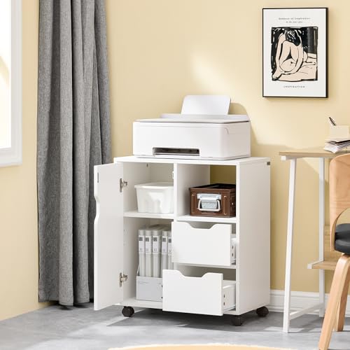 SoBuy Rollcontainer mit 2 Schubladen und 1 Tür Druckertisch mit Rollen Schreibtisch Unterschrank Rollcontainer Büromöbel Weiß 60×70×35 cm FBT105-W