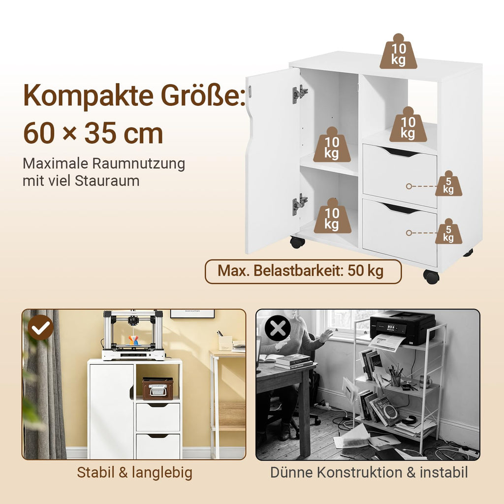 SoBuy Rollcontainer mit 2 Schubladen und 1 Tür Druckertisch mit Rollen Schreibtisch Unterschrank Rollcontainer Büromöbel Weiß 60×70×35 cm FBT105-W
