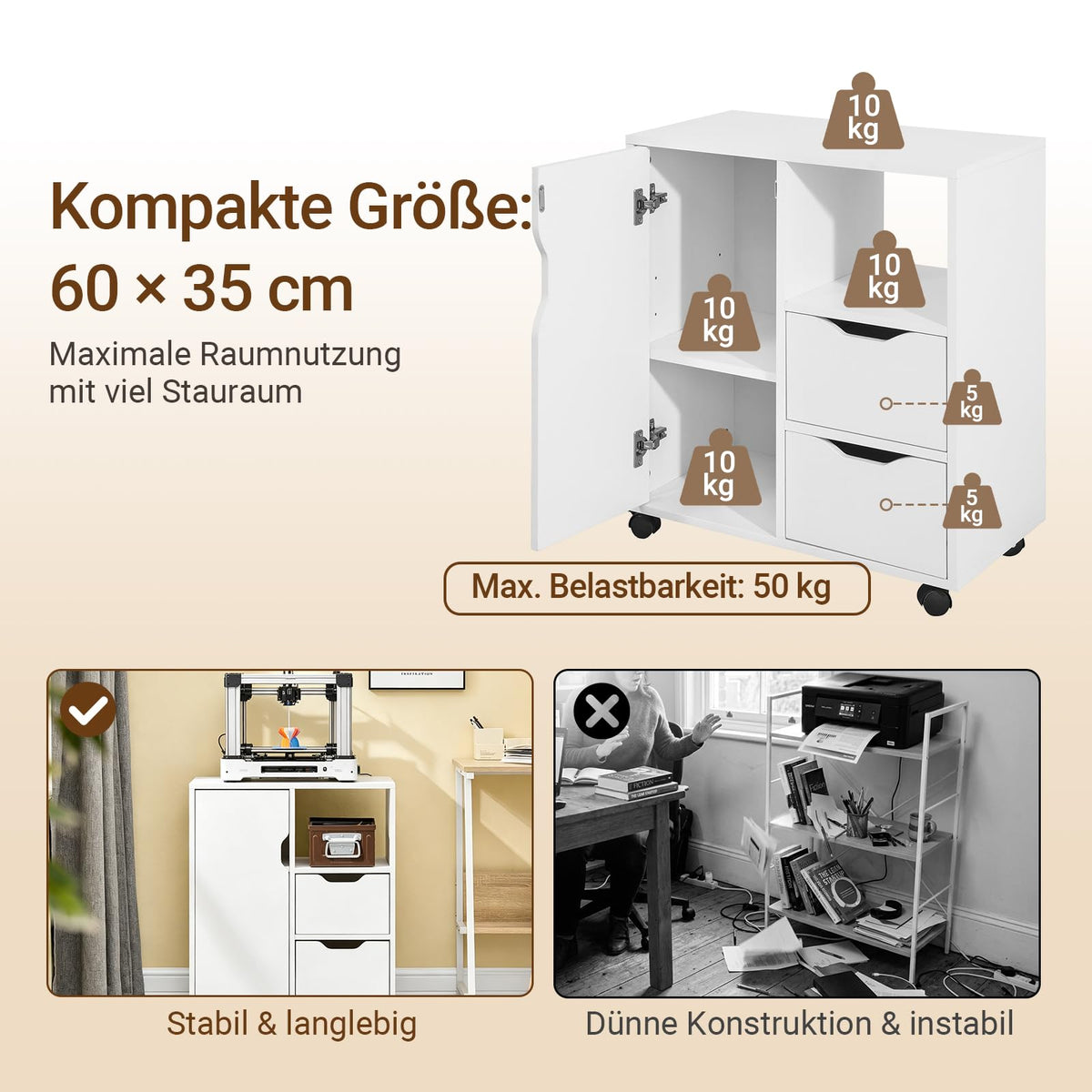SoBuy Rollcontainer mit 2 Schubladen und 1 Tür Druckertisch mit Rollen Schreibtisch Unterschrank Rollcontainer Büromöbel Weiß 60×70×35 cm FBT105-W