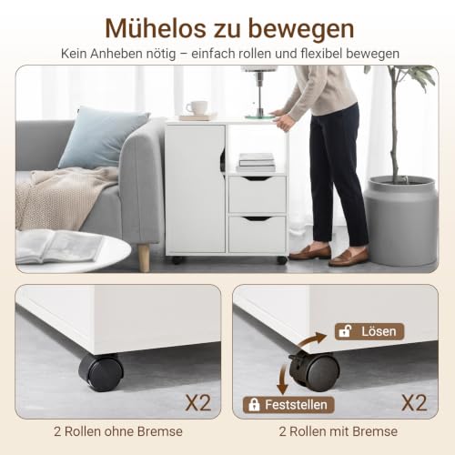 SoBuy Rollcontainer mit 2 Schubladen und 1 Tür Druckertisch mit Rollen Schreibtisch Unterschrank Rollcontainer Büromöbel Weiß 60×70×35 cm FBT105-W