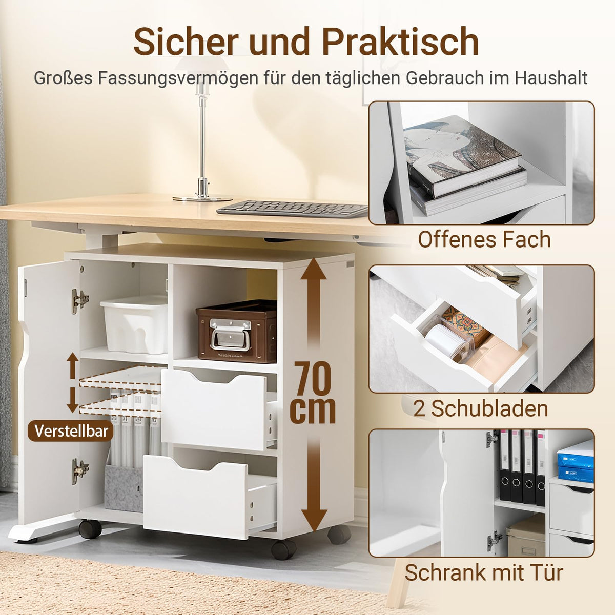 SoBuy Rollcontainer mit 2 Schubladen und 1 Tür Druckertisch mit Rollen Schreibtisch Unterschrank Rollcontainer Büromöbel Weiß 60×70×35 cm FBT105-W