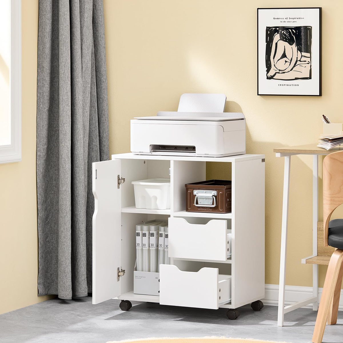 SoBuy Rollcontainer mit 2 Schubladen und 1 Tür Druckertisch mit Rollen Schreibtisch Unterschrank Rollcontainer Büromöbel Weiß 60×70×35 cm FBT105-W