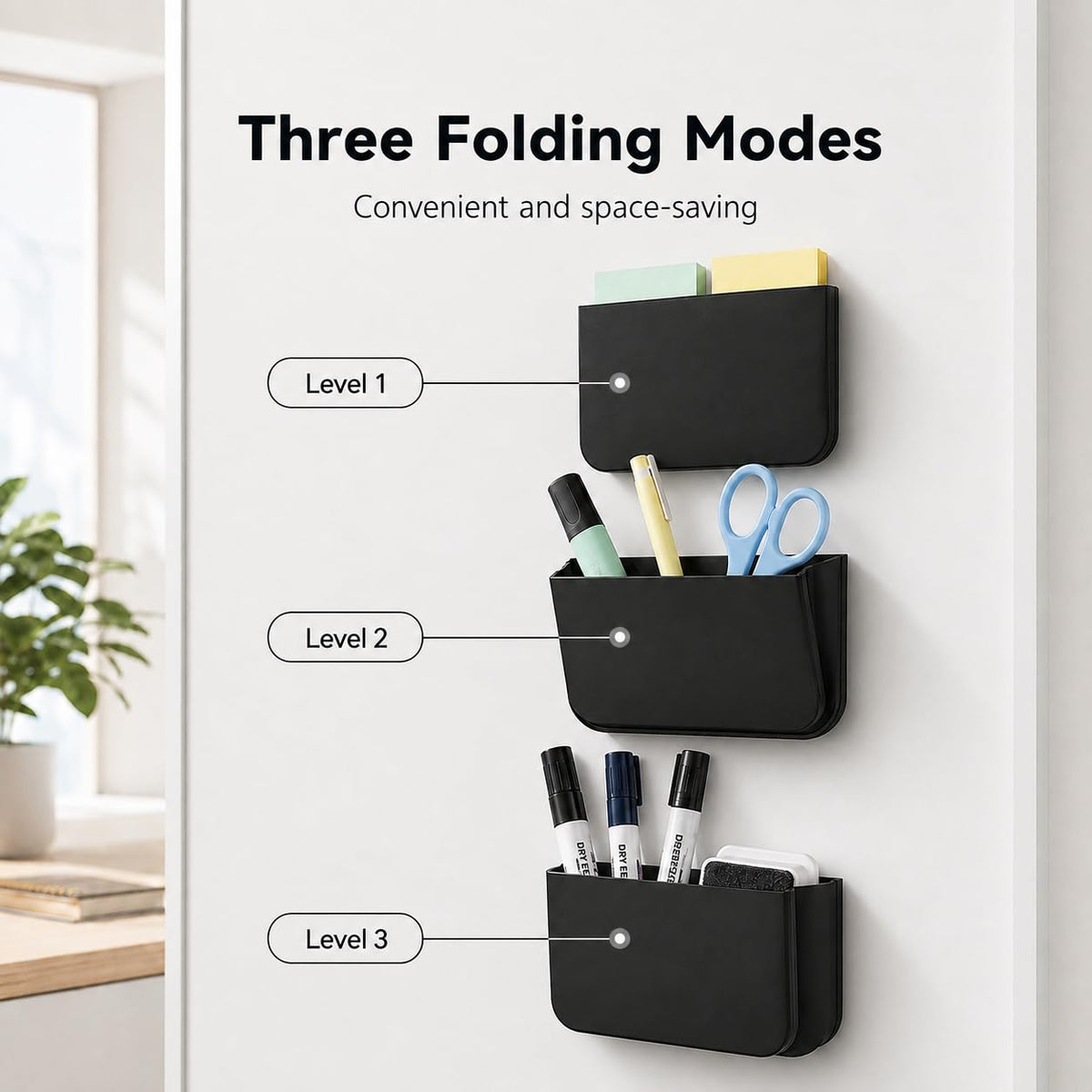 2 Stück Magnetischer Stiftehalter, Faltbarer magnetischer Organizer für Whiteboard-Marker, Marker, Schwämme und kleines Büro-Zubehör – Weiß