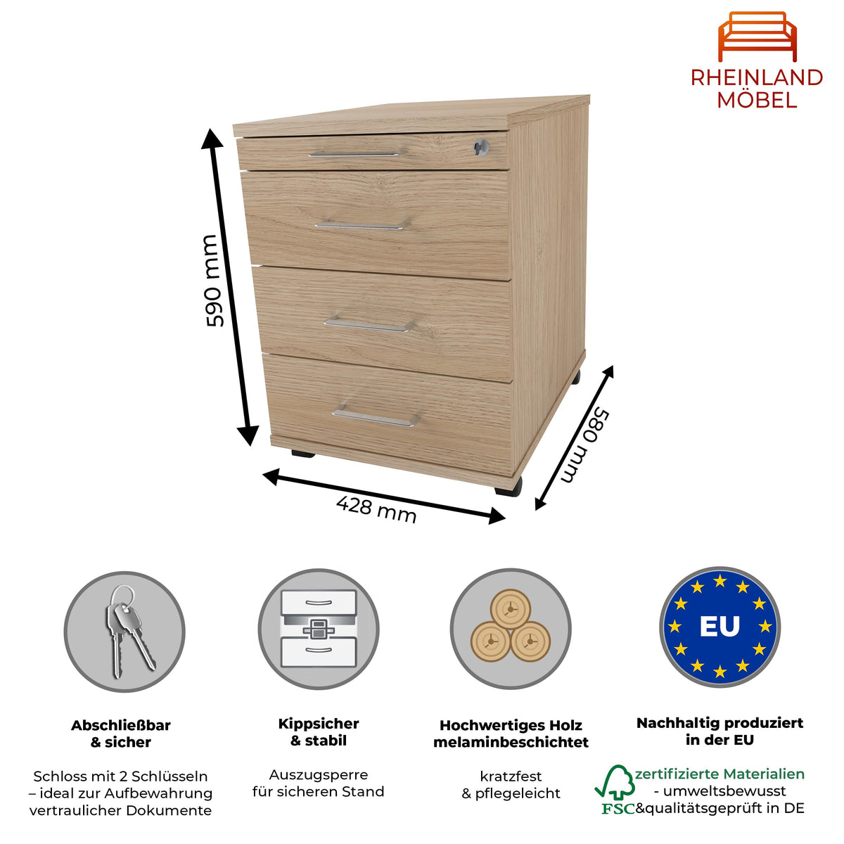 Rollcontainer CADI 43×58×59 cm – abschließbarer Bürocontainer in Eiche mit Orga- & 3 Universal-Schubladen, Metall-Bügelgriff