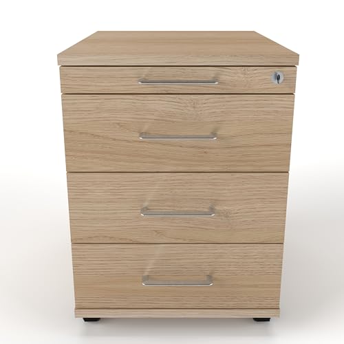 Rollcontainer CADI 43×58×59 cm – abschließbarer Bürocontainer in Eiche mit Orga- & 3 Universal-Schubladen, Metall-Bügelgriff