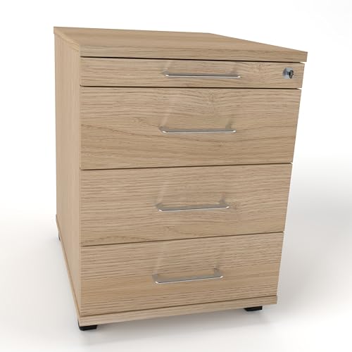 Rollcontainer CADI 43×58×59 cm – abschließbarer Bürocontainer in Eiche mit Orga- & 3 Universal-Schubladen, Metall-Bügelgriff