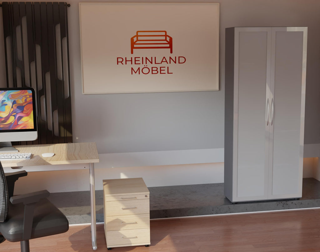 Rollcontainer CADI 43×58×59 cm – abschließbarer Bürocontainer in Eiche mit Orga- & 3 Universal-Schubladen, Metall-Bügelgriff