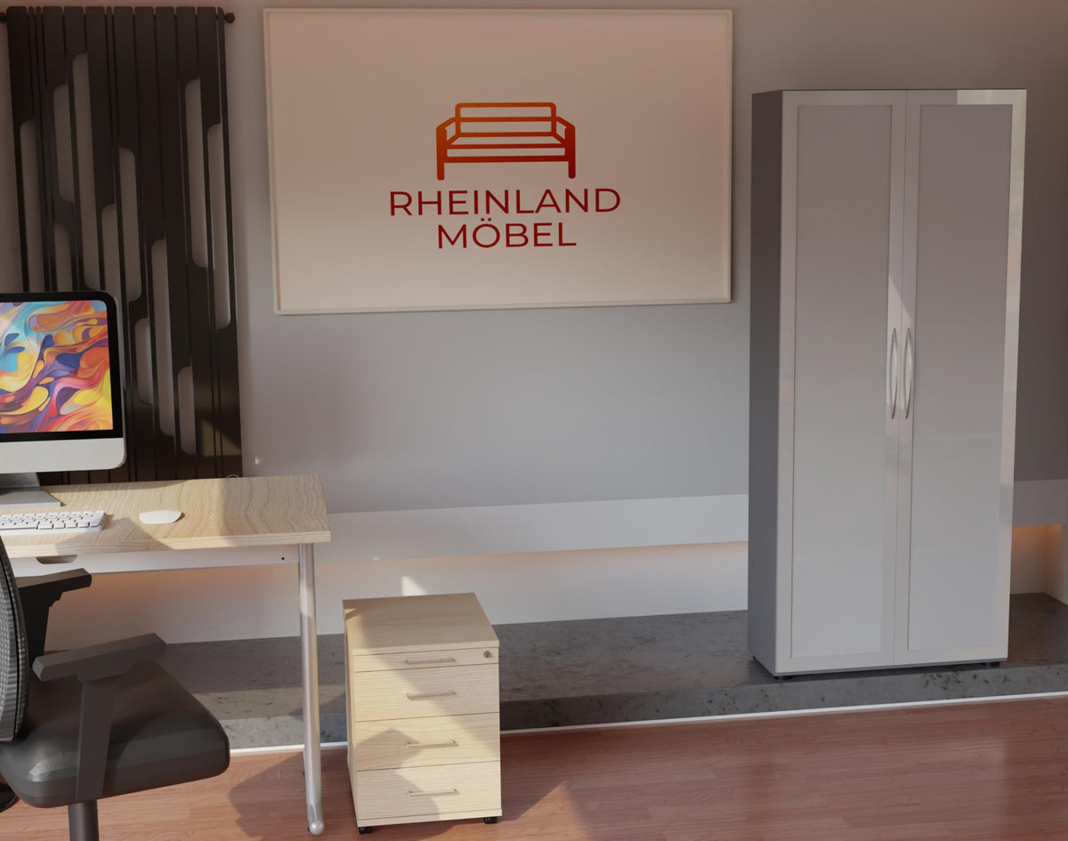 Rollcontainer CADI 43×58×59 cm – abschließbarer Bürocontainer in Eiche mit Orga- & 3 Universal-Schubladen, Metall-Bügelgriff