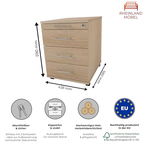Rollcontainer CADI 43×58×59 cm – abschließbarer Bürocontainer in Eiche mit Orga- & 3 Universal-Schubladen, Metall-Bügelgriff