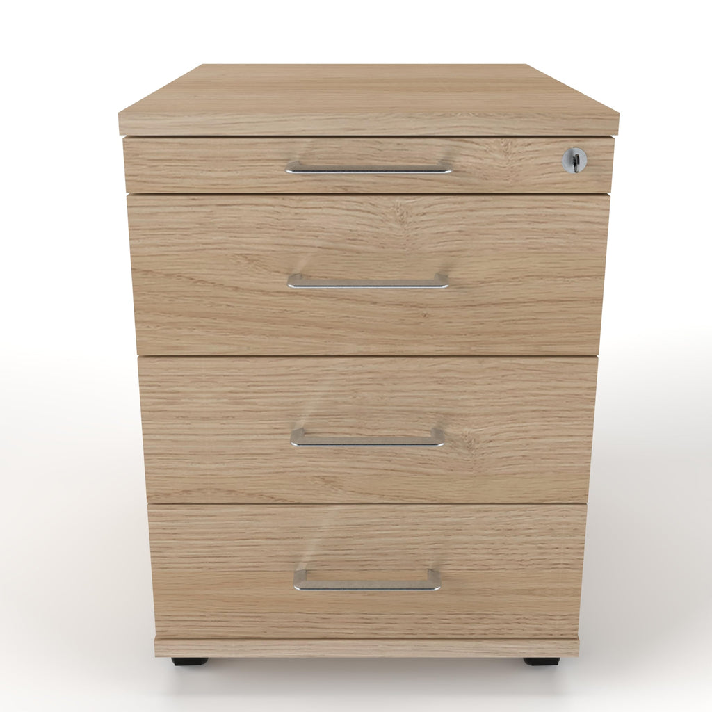 Rollcontainer CADI 43×58×59 cm – abschließbarer Bürocontainer in Eiche mit Orga- & 3 Universal-Schubladen, Metall-Bügelgriff