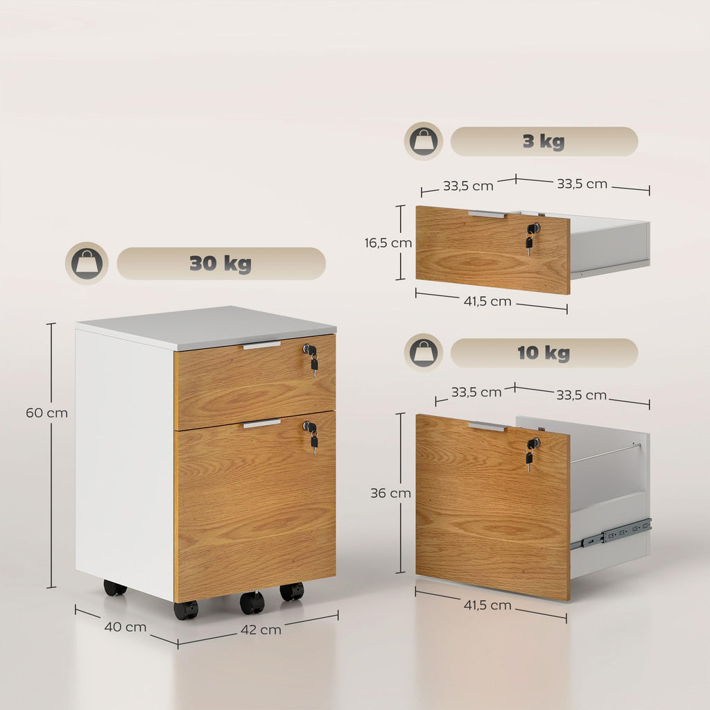 HOMCOM Mobiler Aktenschrank auf Rollen, 2 Schubladen, Weiß/Naturholz