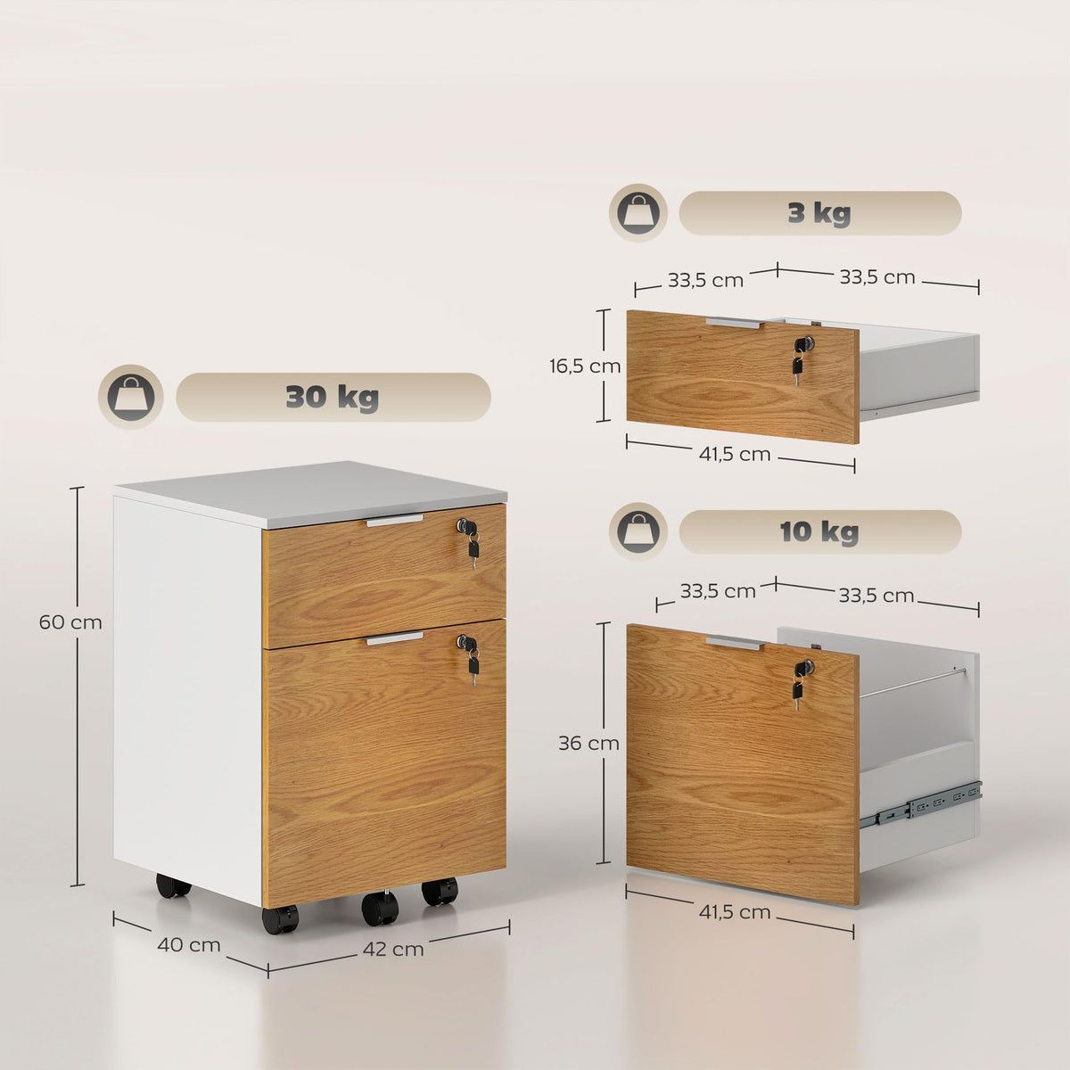 HOMCOM Mobiler Aktenschrank auf Rollen, 2 Schubladen, Weiß/Naturholz
