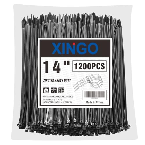 XINGO 1200 Stück Kabelbinder Schwarz, 350mm x 5.8mm, 37kg Zugfestigkeit, UV-beständig, Selbstsichernde Kabelbinder für drinnen und drauße