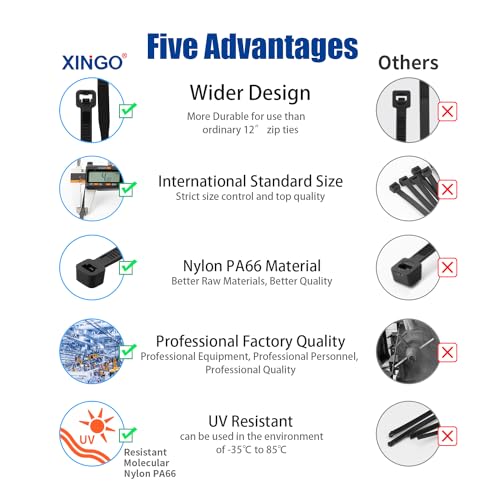 XINGO 1200 Stück Kabelbinder Schwarz, 350mm x 5.8mm, 37kg Zugfestigkeit, UV-beständig, Selbstsichernde Kabelbinder für drinnen und drauße