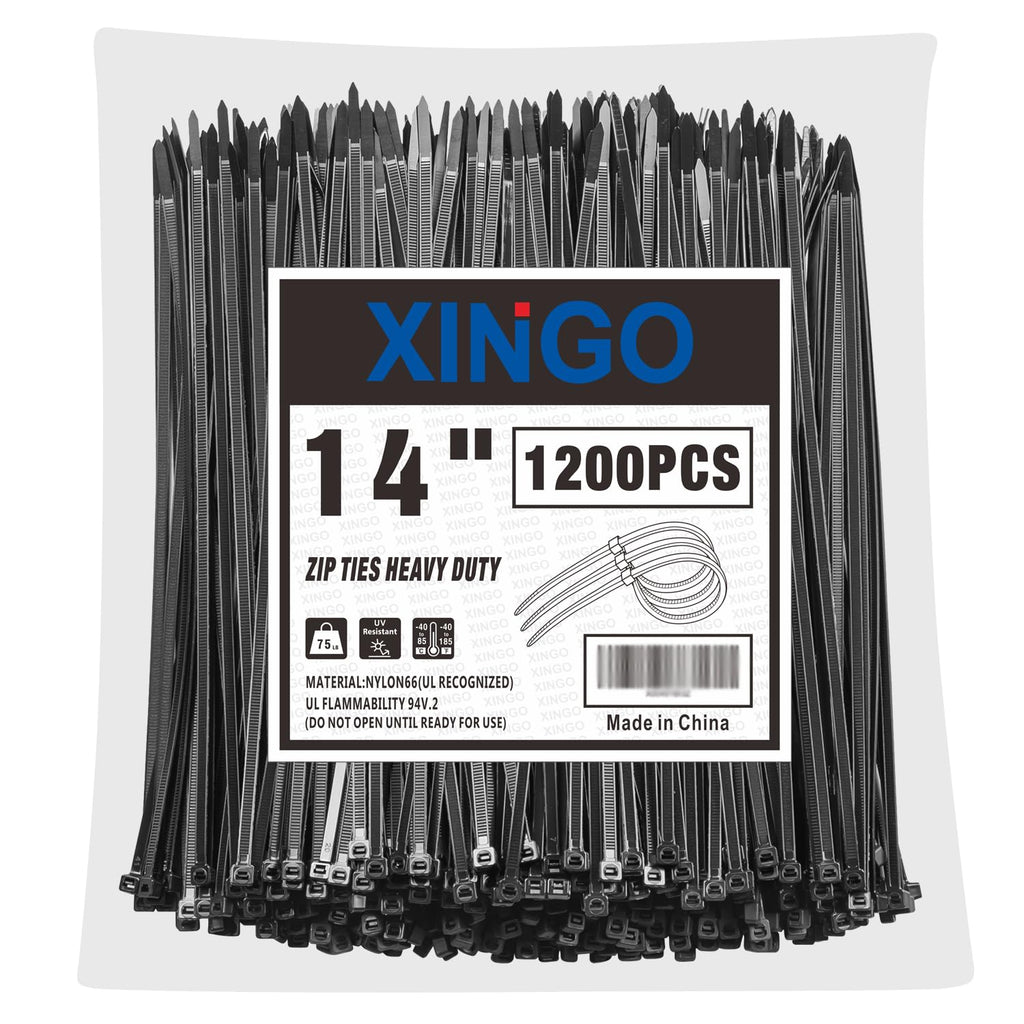 XINGO 1200 Stück Kabelbinder Schwarz, 350mm x 5.8mm, 37kg Zugfestigkeit, UV-beständig, Selbstsichernde Kabelbinder für drinnen und drauße