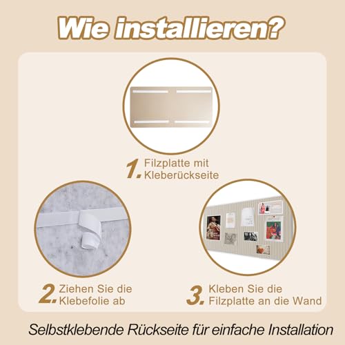 Große Filz Pinnwand Selbstklebend 80x40cm - Dekorative Pinnwand aus Filz mit 35 Reißzwecke, 0,9cm Dick, Moderne Pinnwand Ohne Bohren eignen sich für Büros, Schulen, Kinderzimmer, Helles Kamel