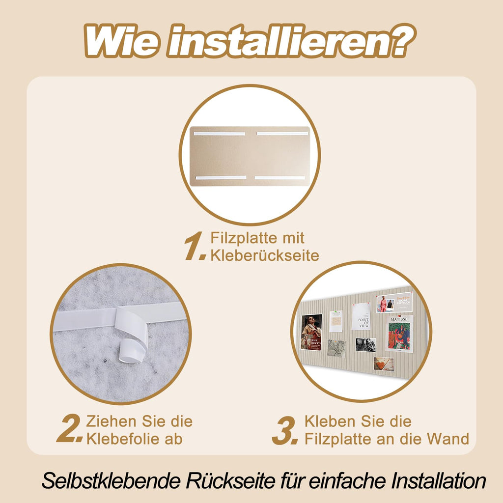 Große Filz Pinnwand Selbstklebend 80x40cm - Dekorative Pinnwand aus Filz mit 35 Reißzwecke, 0,9cm Dick, Moderne Pinnwand Ohne Bohren eignen sich für Büros, Schulen, Kinderzimmer, Helles Kamel