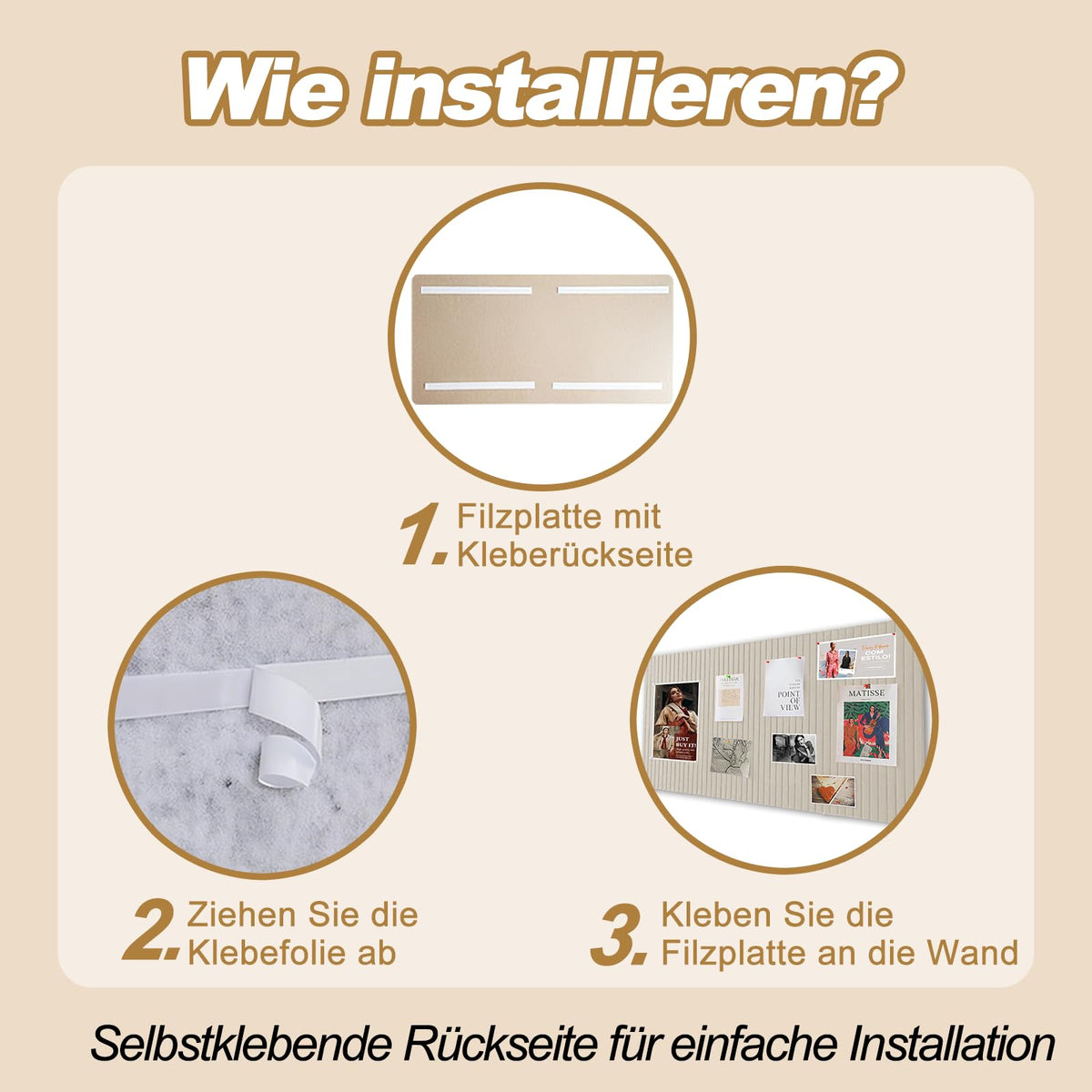 Große Filz Pinnwand Selbstklebend 80x40cm - Dekorative Pinnwand aus Filz mit 35 Reißzwecke, 0,9cm Dick, Moderne Pinnwand Ohne Bohren eignen sich für Büros, Schulen, Kinderzimmer, Helles Kamel