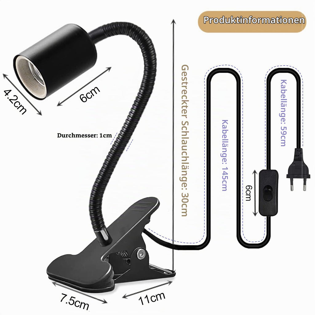 Klemmleuchte E27 Lampenfassung Metall Klemmlampe 360° Einstellbar Flexiblem Schwanenhals Schreibtischlampe mit Schalter und Stecker für Reptilien Pflanze Beleuchtung Schwarz (Keine Glühbirne)