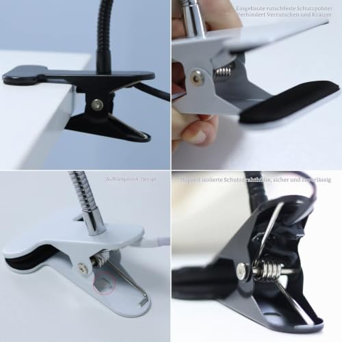 Klemmleuchte E27 Lampenfassung Metall Klemmlampe 360° Einstellbar Flexiblem Schwanenhals Schreibtischlampe mit Schalter und Stecker für Reptilien Pflanze Beleuchtung Schwarz (Keine Glühbirne)