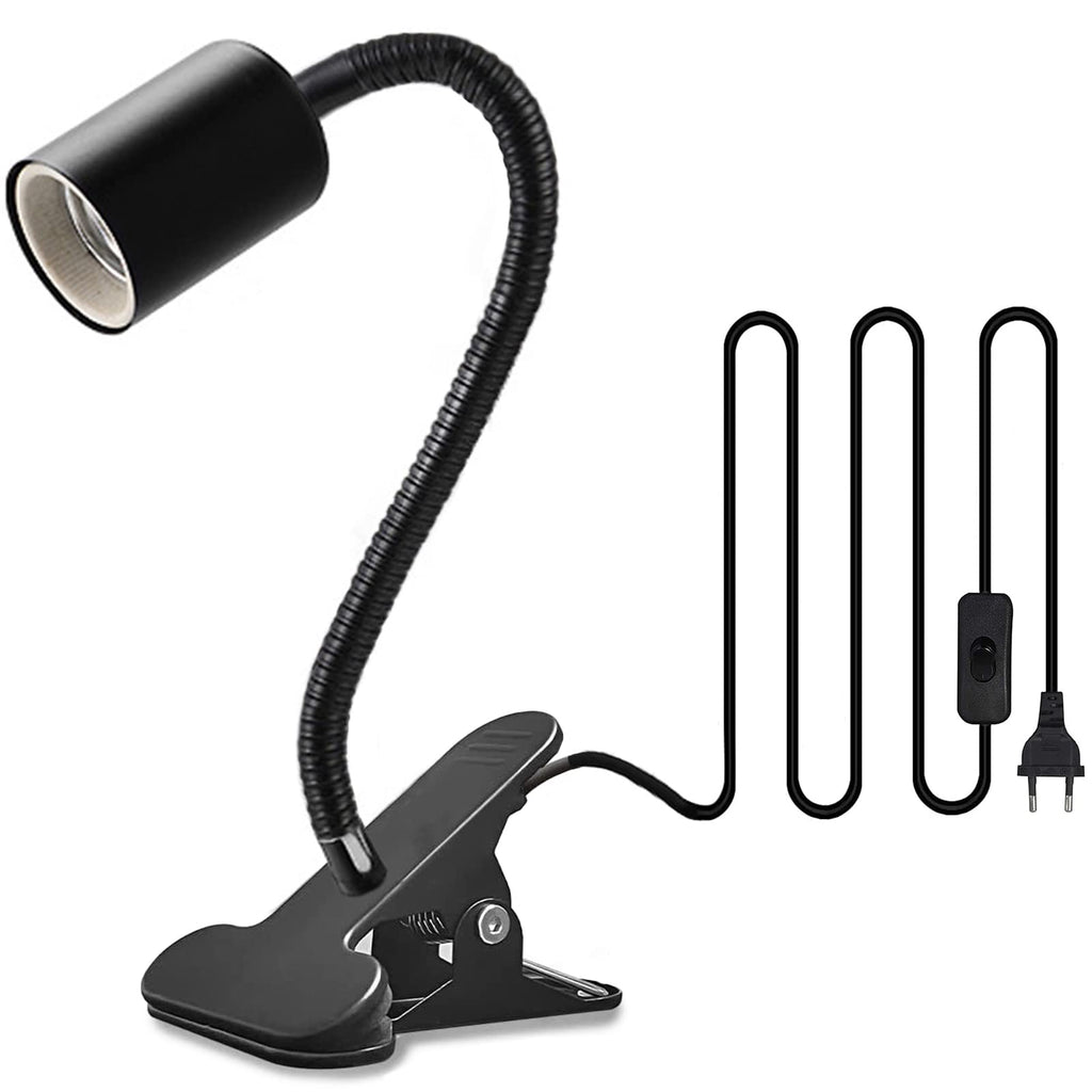 Klemmleuchte E27 Lampenfassung Metall Klemmlampe 360° Einstellbar Flexiblem Schwanenhals Schreibtischlampe mit Schalter und Stecker für Reptilien Pflanze Beleuchtung Schwarz (Keine Glühbirne)