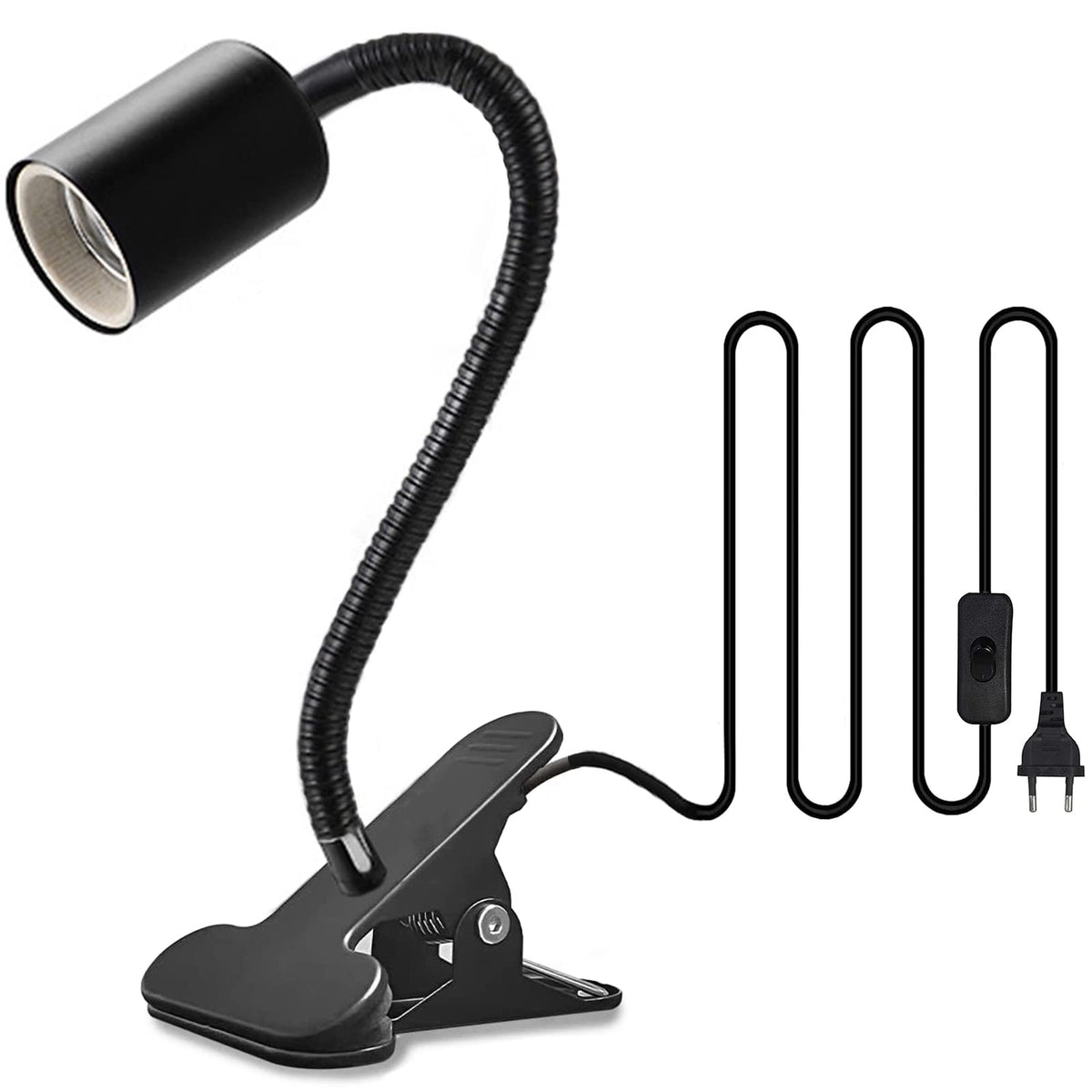 Klemmleuchte E27 Lampenfassung Metall Klemmlampe 360° Einstellbar Flexiblem Schwanenhals Schreibtischlampe mit Schalter und Stecker für Reptilien Pflanze Beleuchtung Schwarz (Keine Glühbirne)