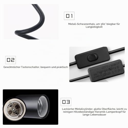 Klemmleuchte E27 Lampenfassung Metall Klemmlampe 360° Einstellbar Flexiblem Schwanenhals Schreibtischlampe mit Schalter und Stecker für Reptilien Pflanze Beleuchtung Schwarz (Keine Glühbirne)