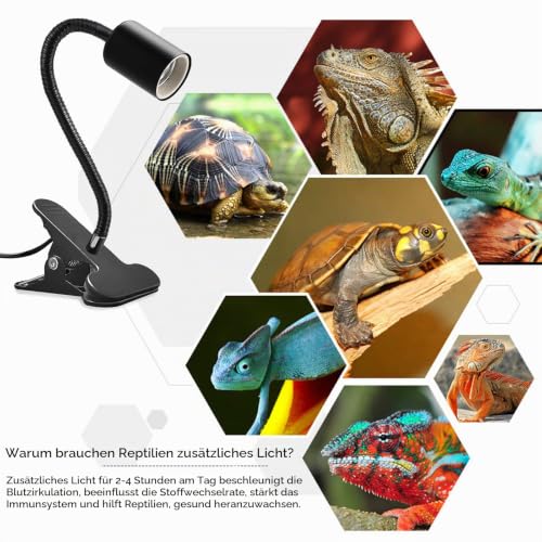 Klemmleuchte E27 Lampenfassung Metall Klemmlampe 360° Einstellbar Flexiblem Schwanenhals Schreibtischlampe mit Schalter und Stecker für Reptilien Pflanze Beleuchtung Schwarz (Keine Glühbirne)