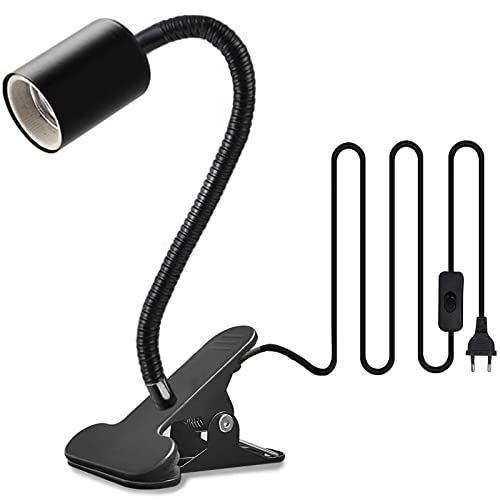 Klemmleuchte E27 Lampenfassung Metall Klemmlampe 360° Einstellbar Flexiblem Schwanenhals Schreibtischlampe mit Schalter und Stecker für Reptilien Pflanze Beleuchtung Schwarz (Keine Glühbirne)