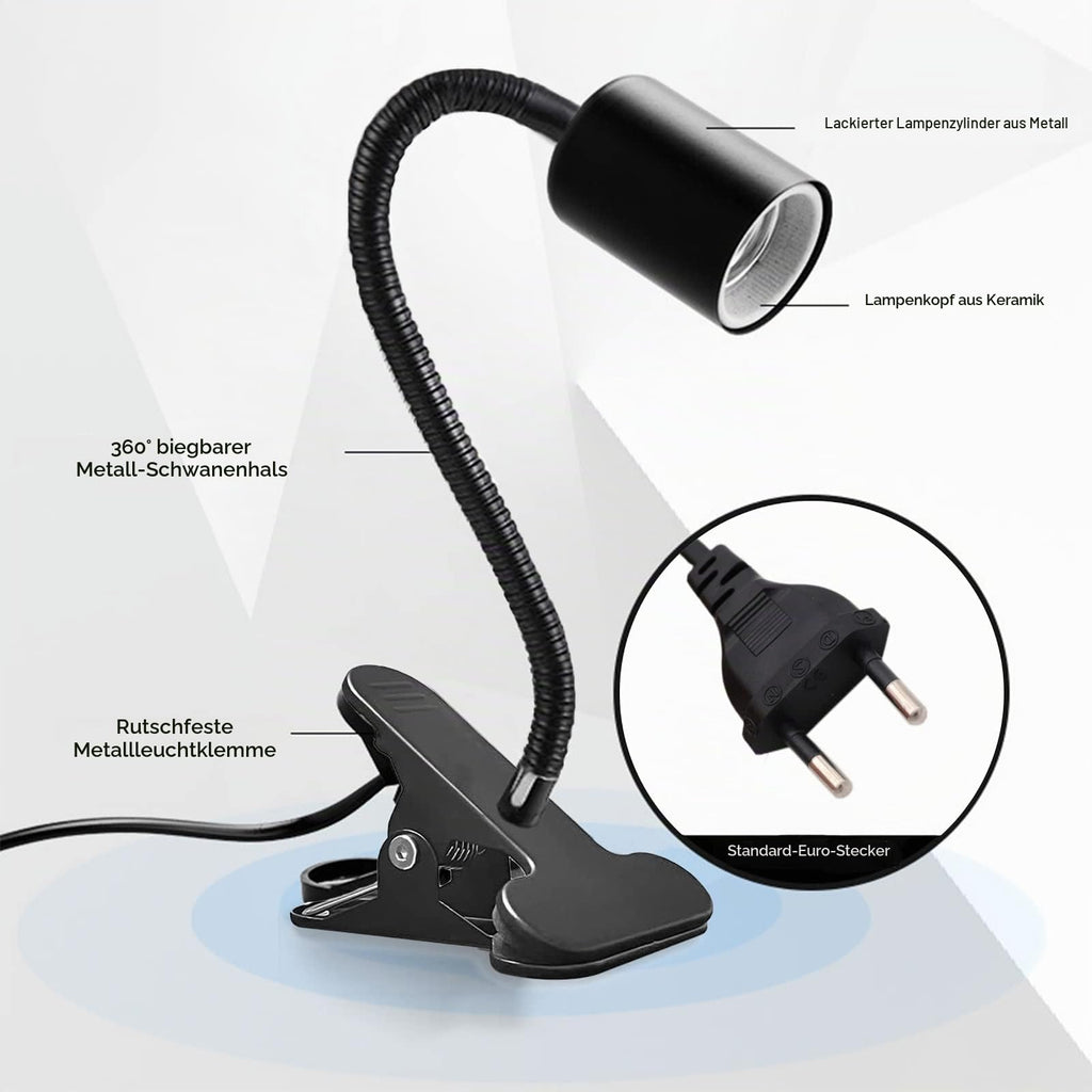 Klemmleuchte E27 Lampenfassung Metall Klemmlampe 360° Einstellbar Flexiblem Schwanenhals Schreibtischlampe mit Schalter und Stecker für Reptilien Pflanze Beleuchtung Schwarz (Keine Glühbirne)
