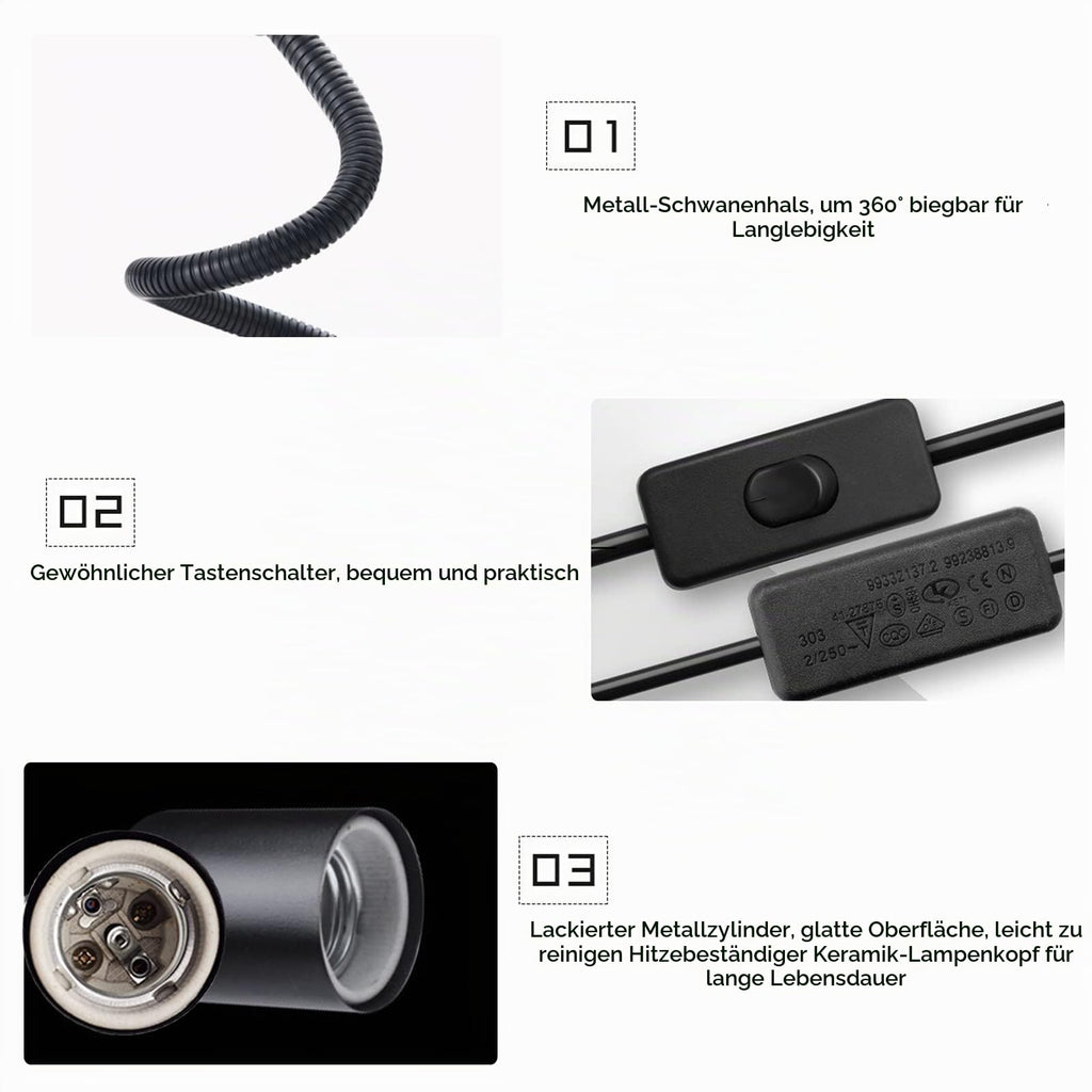 Klemmleuchte E27 Lampenfassung Metall Klemmlampe 360° Einstellbar Flexiblem Schwanenhals Schreibtischlampe mit Schalter und Stecker für Reptilien Pflanze Beleuchtung Schwarz (Keine Glühbirne)