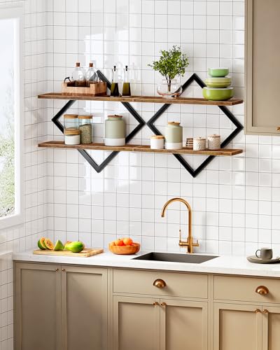 CHOEZON Wandregal, 2er-Set, Schweberegal, 2-stöckige Hängeregale, für Wohnzimmer, Schlafzimmer, Küche, Büro, Rustikales Braun und Schwarz DTBJ01P2BF