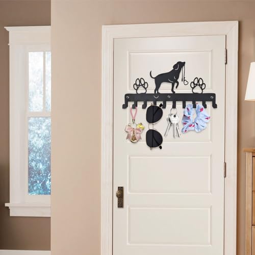 Haken Kleiderbügel Wand Schlüsselhalter Hund und Pfote Drucke Metall Schlüsselhalter mit 10 Haken Hundegarderobe Schwarz Eisen Wandmontage Haken für Hundebesitzer, Wanddeko Metall, Badezimmer, Küche
