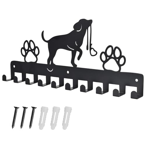 Haken Kleiderbügel Wand Schlüsselhalter Hund und Pfote Drucke Metall Schlüsselhalter mit 10 Haken Hundegarderobe Schwarz Eisen Wandmontage Haken für Hundebesitzer, Wanddeko Metall, Badezimmer, Küche
