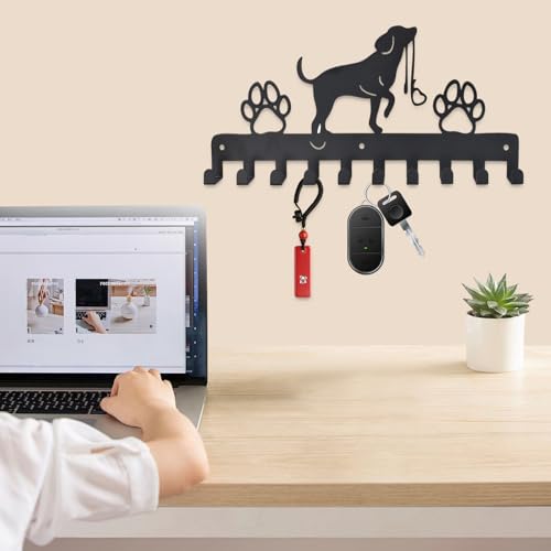 Haken Kleiderbügel Wand Schlüsselhalter Hund und Pfote Drucke Metall Schlüsselhalter mit 10 Haken Hundegarderobe Schwarz Eisen Wandmontage Haken für Hundebesitzer, Wanddeko Metall, Badezimmer, Küche