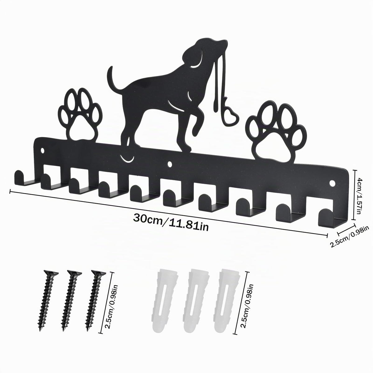 Haken Kleiderbügel Wand Schlüsselhalter Hund und Pfote Drucke Metall Schlüsselhalter mit 10 Haken Hundegarderobe Schwarz Eisen Wandmontage Haken für Hundebesitzer, Wanddeko Metall, Badezimmer, Küche