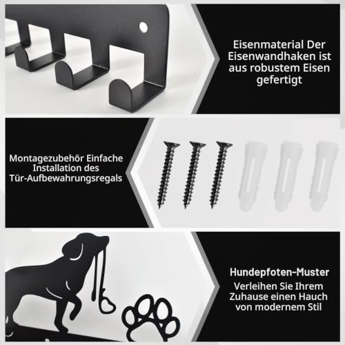 Haken Kleiderbügel Wand Schlüsselhalter Hund und Pfote Drucke Metall Schlüsselhalter mit 10 Haken Hundegarderobe Schwarz Eisen Wandmontage Haken für Hundebesitzer, Wanddeko Metall, Badezimmer, Küche
