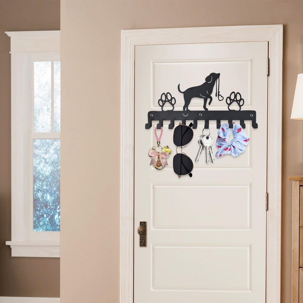 Haken Kleiderbügel Wand Schlüsselhalter Hund und Pfote Drucke Metall Schlüsselhalter mit 10 Haken Hundegarderobe Schwarz Eisen Wandmontage Haken für Hundebesitzer, Wanddeko Metall, Badezimmer, Küche