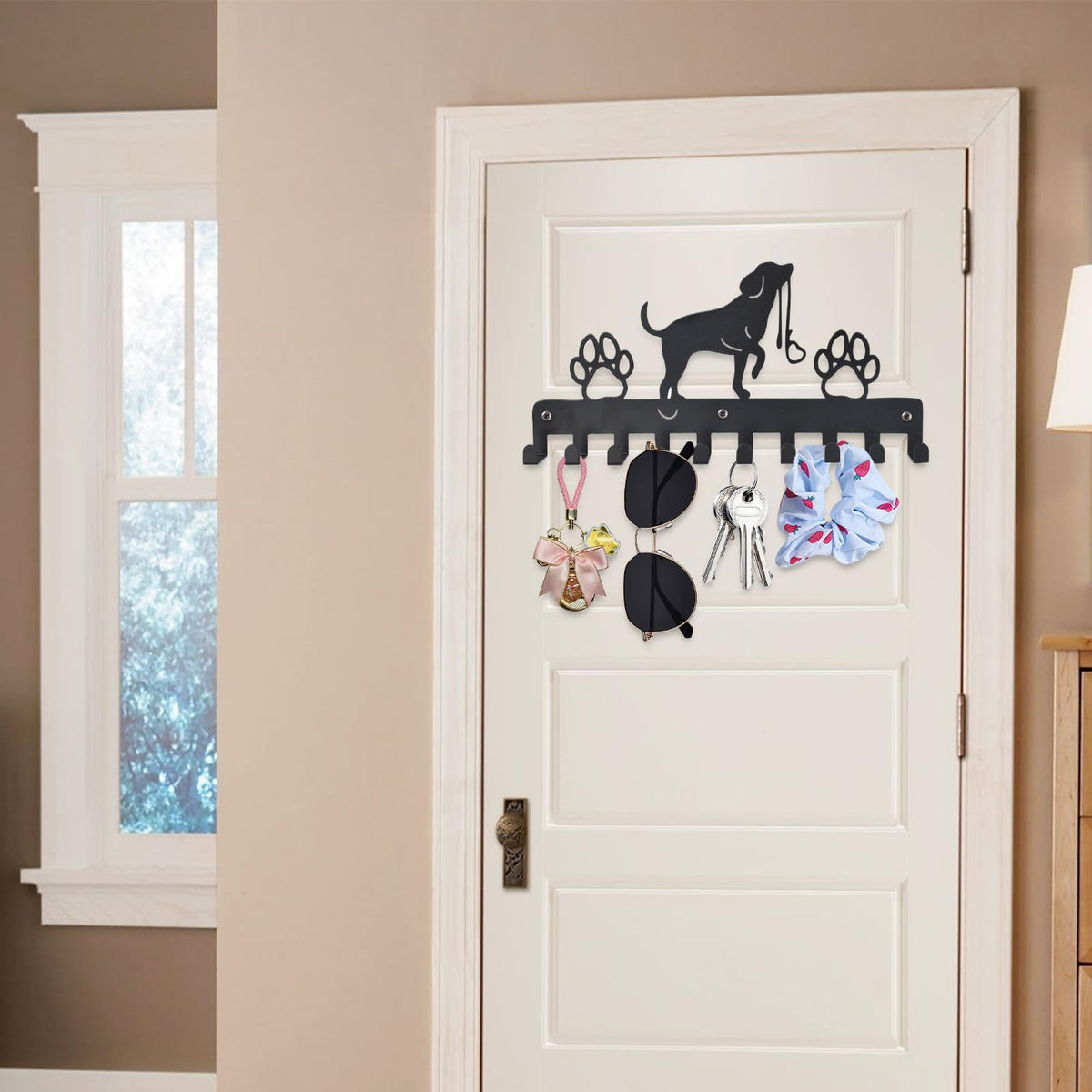 Haken Kleiderbügel Wand Schlüsselhalter Hund und Pfote Drucke Metall Schlüsselhalter mit 10 Haken Hundegarderobe Schwarz Eisen Wandmontage Haken für Hundebesitzer, Wanddeko Metall, Badezimmer, Küche